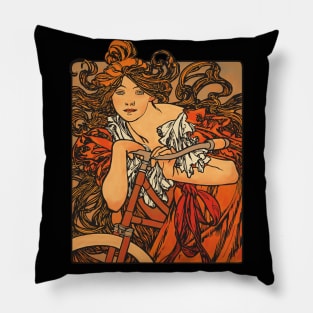 Lady with bike (on black) Pillow