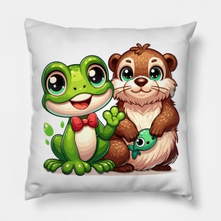 Friendly Frog & Otter Duo: Adorable Animal Friends Design Pillow