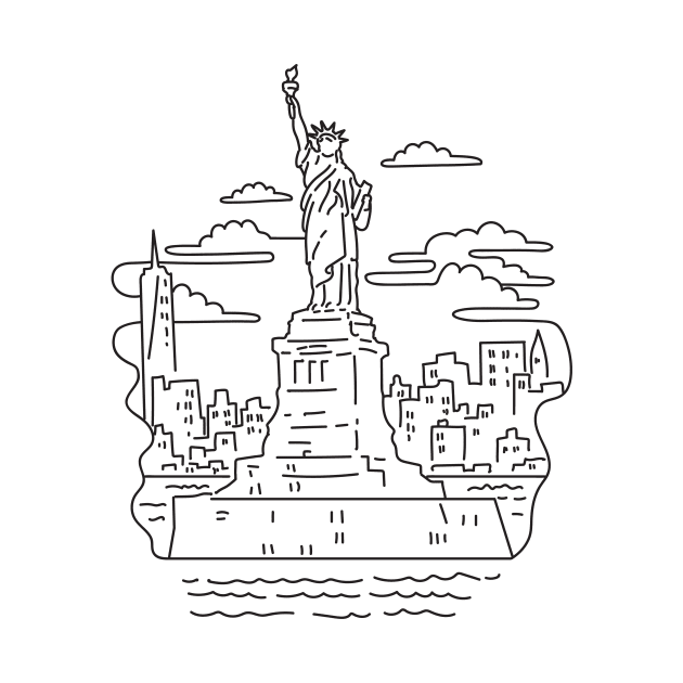 Statue of Liberty with New York City Skyline USA Mono Line Art by retrovectors