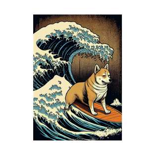 The Great Shiba Inu Surfing On Wave Off Kanagawa - Retro T-Shirt