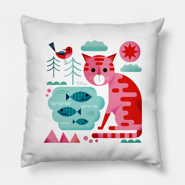 Cat, bird and fish Pillow by Gareth Lucas