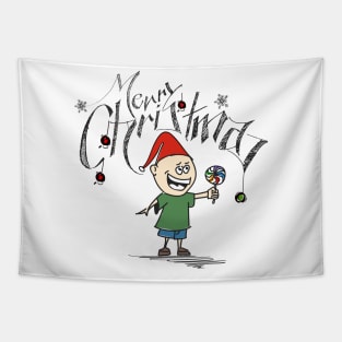 Little Boy Holding Candy Merry Christmas Tapestry