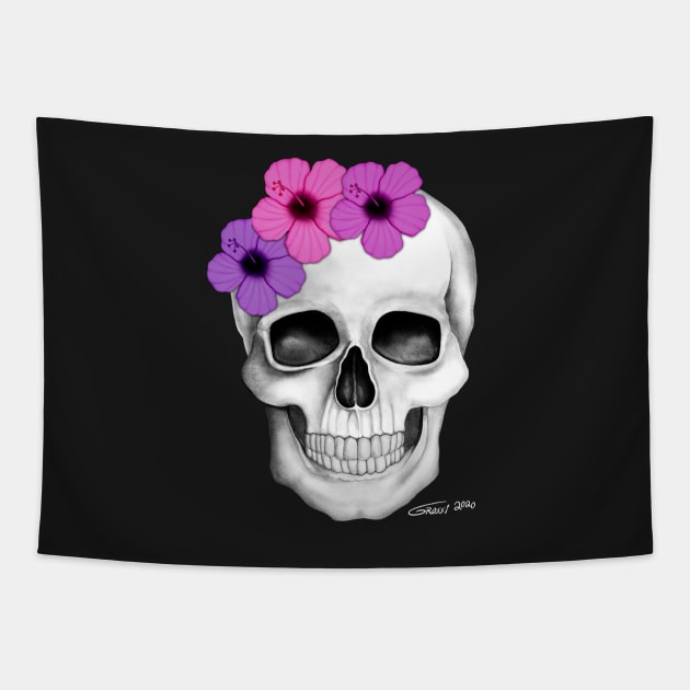 Skull With Flowers (On Black Background) Tapestry by GDGCreations