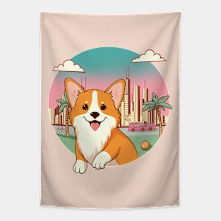 Cute corgi against the backdrop of a sunset city Tapestry