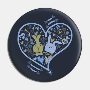 2 Cute Bunnies in a Heart Pin