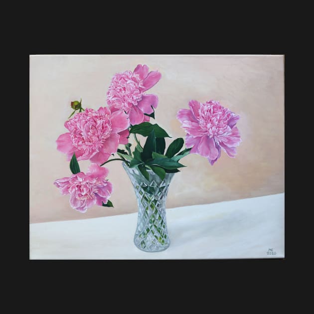 Peonies in glass vase of water by melartbubble