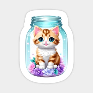 Cute Cat With Flowers Blooming In Mason Jar Magnet