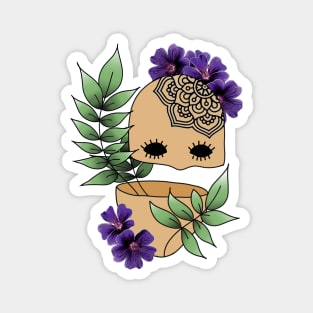 Surreal Plant Person with Realism Flowers and Mandala Tattoo on Bald Head Magnet