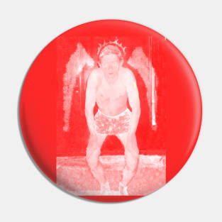 Portrait. Digital collage, special processing. Man in briefs, looking. Angel. Red and white. Pin