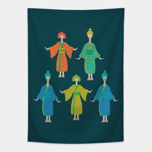 KIMONO LADIES Traditional Japanese Geisha Women in Rainbow Palette Orange Yellow Green Blue Turquoise Teal - UnBlink Studio by Jackie Tahara Tapestry