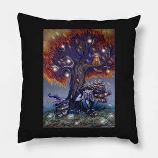 Young witch reading magic book Pillow