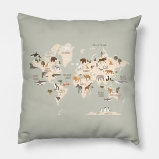 Animal World Map Grey Pillow