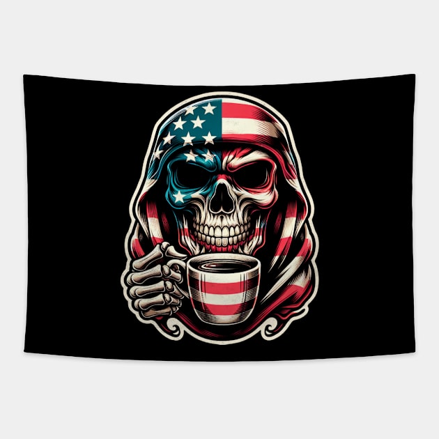 USA Patriotic American Flag Skull Caffeinated Coffee 4th of July  Coffee Lover Tapestry by Carantined Chao$