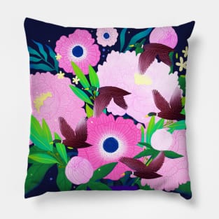 Purple vase with flowers and flying ducks Pillow