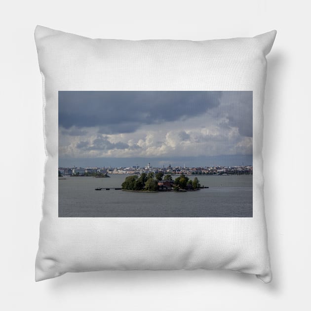 Lonna island with Helsinki cityscape in back Pillow by lena-maximova