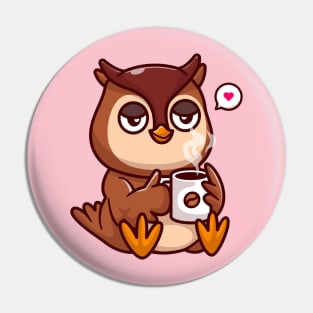 Cute Owl Drinking Coffee Cartoon Pin