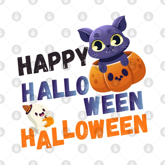 Happy Halloween Meoween - Cute Cat And Ghost by iconking