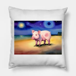 Pig on a beach at night Pillow