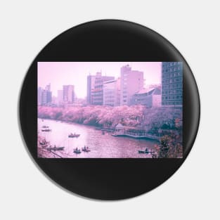 Vaporwave 80s Anime Vibes on a river in Tokyo Japan. Beautiful pink art Pin