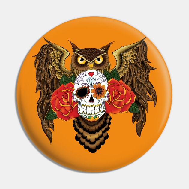 Sugar Skull Owl Pin by tigressdragon