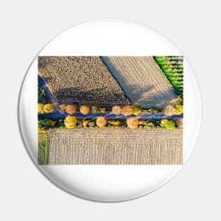 Aerial view of country road, autumn trees and ploughed field Pin