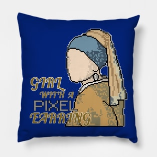 Girl with a Pixel Earring - Vermeer's Classic Painting in Digital Pixels Pillow