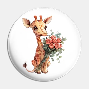 Valentine Giraffe Giving Flowers Pin