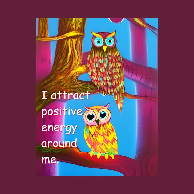 Good energy mantra with 2 owls colorful artistic design by Dok's Mug Store