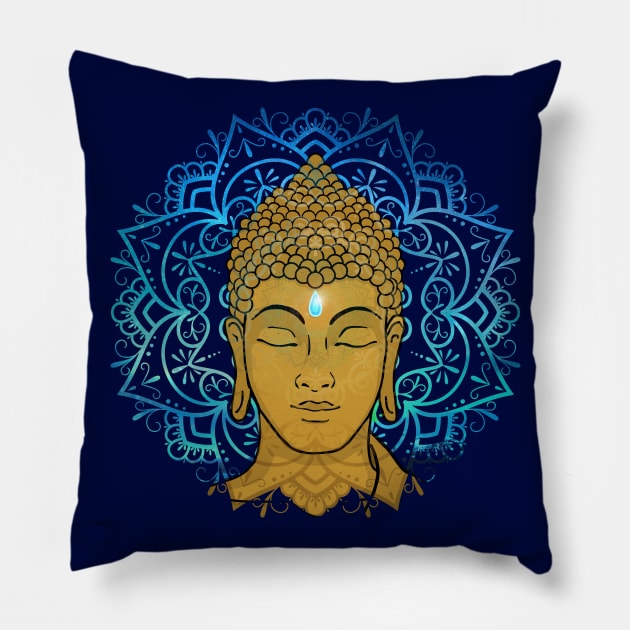 Golden Face of Buddha in a Blue Mandala Pillow by MandalaSoul