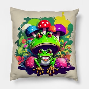 Cottagecore Graffiti Frog And Mushrooms Pillow