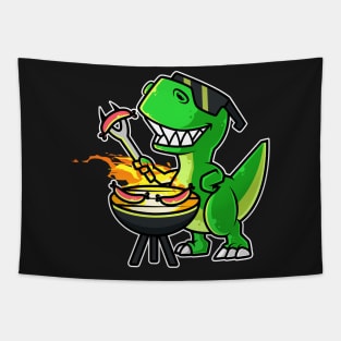 Cool Dinosaur Tyrannosaurus Cooking Sausages Barbecue BBQ graphic Tapestry