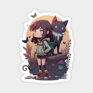 Angry Girl & Cat Kawaii Anime Black Cat Lover Halloween Magnet