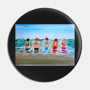 Girls at Beach Watercolor Painting Pin