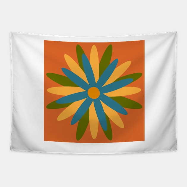 Orange, yellow, blue, green, simple, scandi flower Tapestry by Kimmygowland