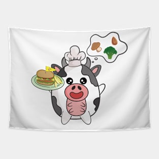 Cute cow chef and Yummy Veggies burger Tapestry