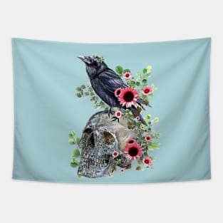 Black raven with skull and leaves crow, skeleton leaves eucaliptus and pink sunflowers Tapestry