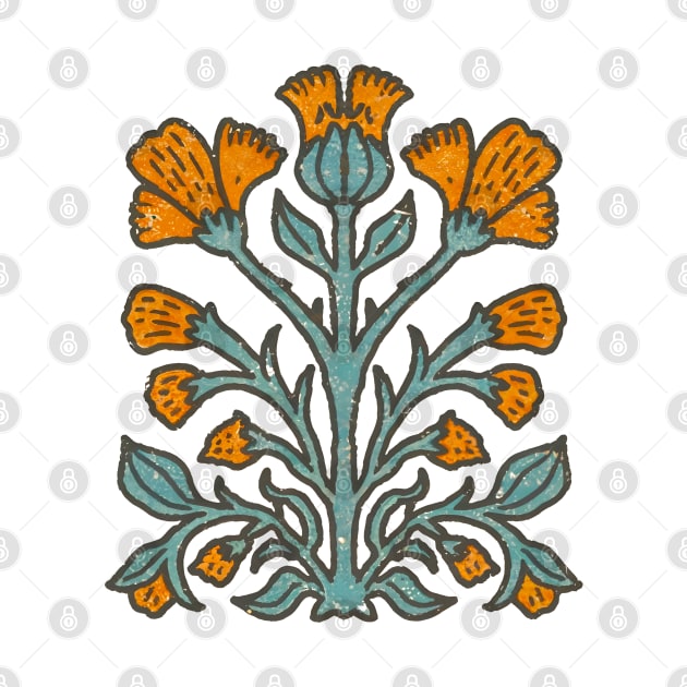 Orange Flowers Scandinavian Folk Art Linocut Print by craftydesigns