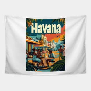 Experience the charm of Havana as friends gather at a lively cafe, enjoying drinks and conversations beneath a beautiful sunset, surrounded Tapestry
