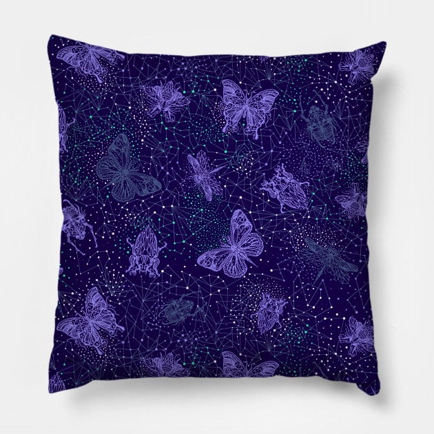 Purple Galactic Bugs Pillow by Carolina Díaz