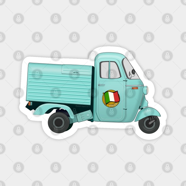 Vintage Cyan Italian Motorized Rikshaw with Italian Flag Sticker on the Door Magnet by ibadishi