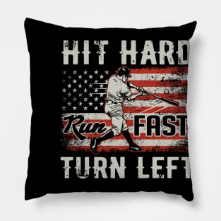 Hit Hard Run Fast Turn Left USA Flag Baseball Player Pillow