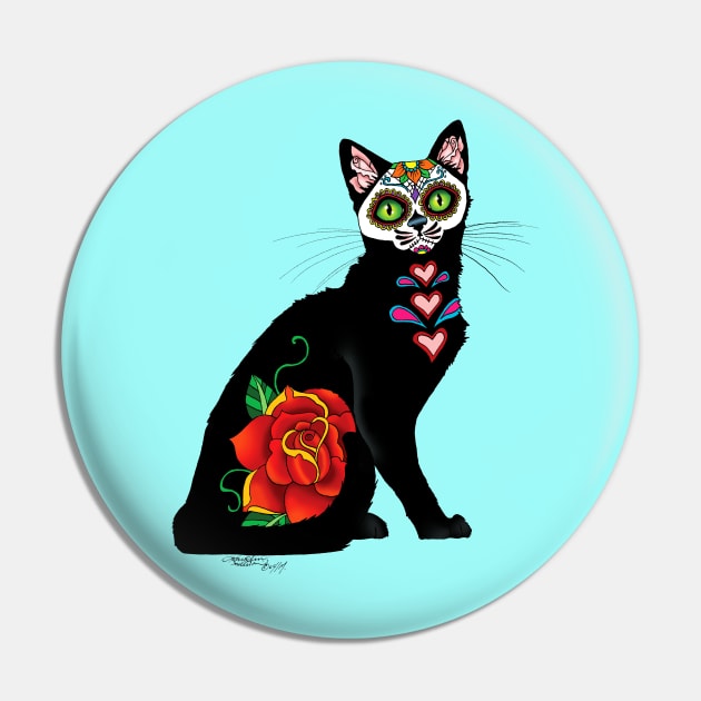 Sugar Skull Cat Pin by tigressdragon