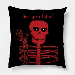 Skeleton with piercing eyes waving goodbye. Pillow