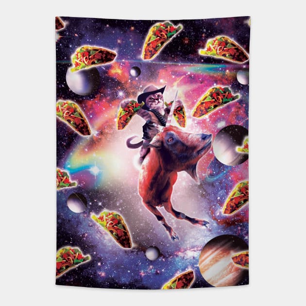 Cowboy Space Cat On Goat Unicorn - Taco Tapestry by Random Galaxy