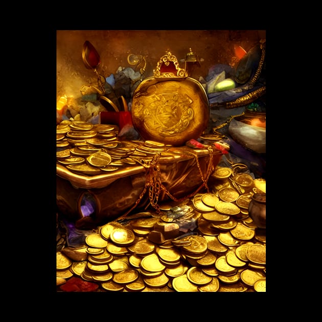 Gold Coins in Dungeon Dragon Treasure Chest Fantasy Art by ichewsyou