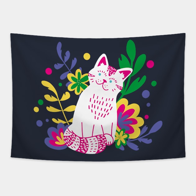 Cute White Cat in Flowers Tapestry by machmigo