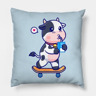 Cute Cow Drinking Milk On Skateboard Cartoon Pillow