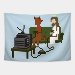 Jesus and Devil Playing Video Games Pixel Art Tapestry