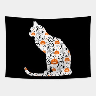 Halloween White Cat With Pumpkin Tapestry