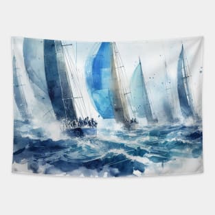 Sailboat race illustration in shades of blue Tapestry